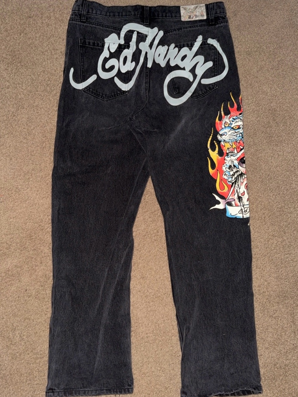 Ed Hardy Black Wide Leg Jeans with Flame Skull Graphic - Picture 2 of 3